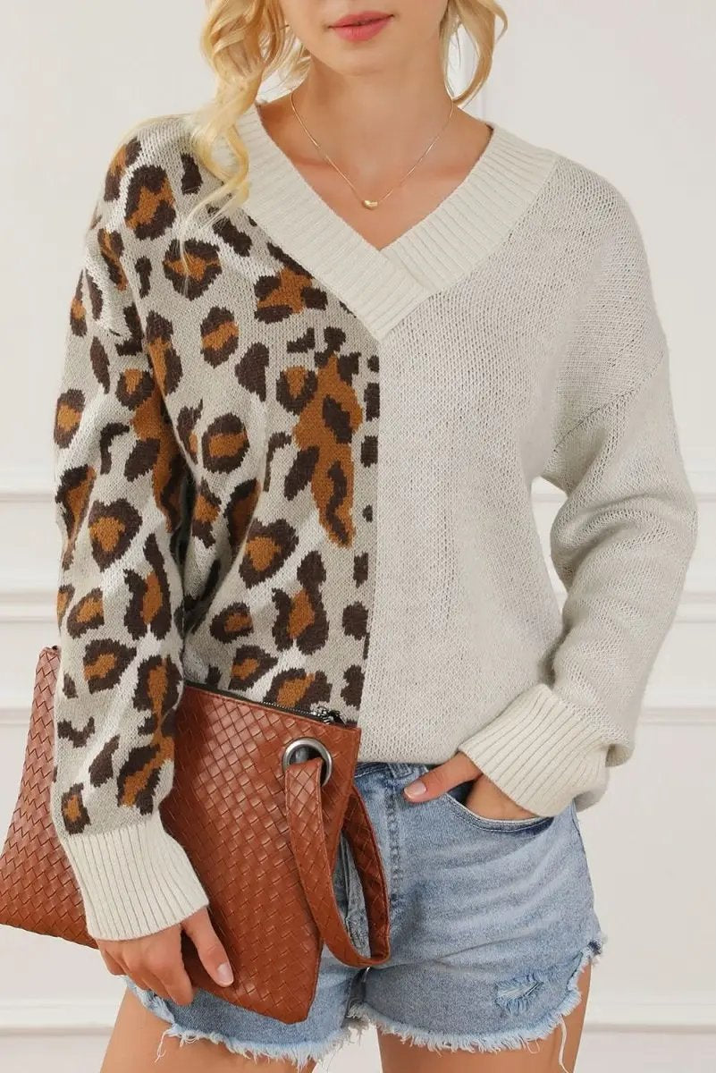 Leopard V Neck Drop Shoulder Sweater - Love Salve